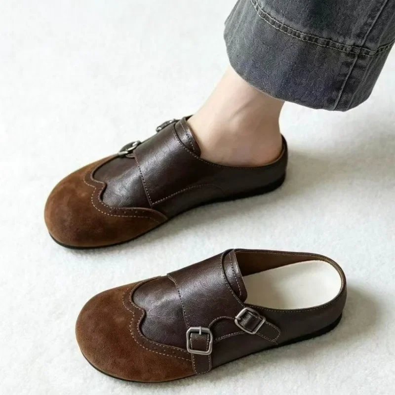 

Fashion and Retro Style Carved Baotou Slippers Women's One-foot Slip-on Soft-sole Buckle Lazy Flat Shoes