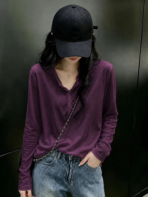Elegant Pure Cotton Long Sleeve T-Shirt Women's Spring Autumn Loose Belly Cover Fashionable Versatile Button Decor Base Shirt
