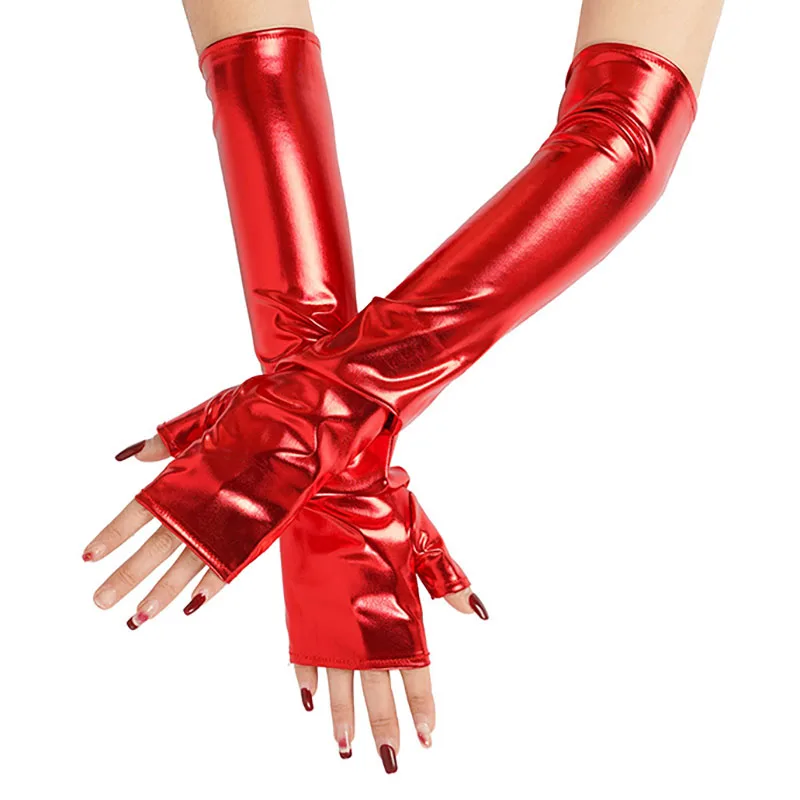 Women 40cm Patent leather Long Fingerless Half finger Gloves Punk Halloween Party Festival Arm Sleeves Cosplay Dance Accessories