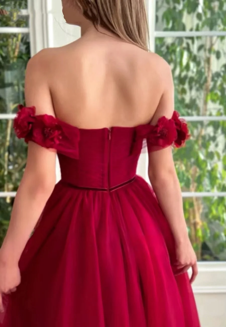 Robe de Rhsans bretelles rouge foncé, ligne A, appliques en dentelle initiées, corset plissé, fibtulle, robe de soirée formelle longue