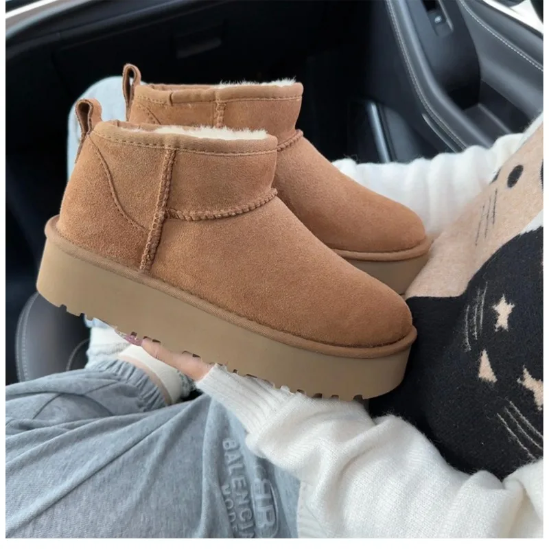 Genuine leather and wool sheep winter thick warm boots 4cm high sole versatile low cut snow boots