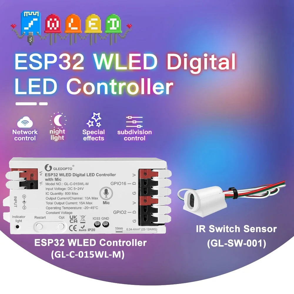 GLEDOPTO ESP32 WLED LED Controller RGBIC LED Strip Light Dynamic Lighting IR Switch Sensor Gesture-Aware Trigger WS2811 SK6812