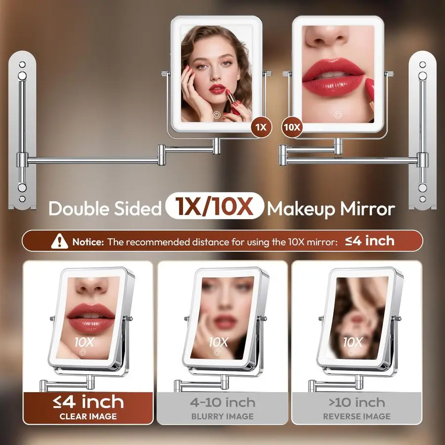 Adjustable Wall Mounted Lighted Makeup Mirror with Lights, 10X Magnifying Mirror for Bathroom, 7in Slide Rail and 360 Extended A