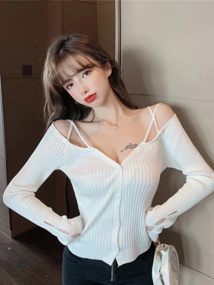 Black Sexy Halter Cropped Sweater Women Pullover Femme Slim Long Sleeve Top V Neck Korean Pulls Autumn Winter Sueters De Mujer