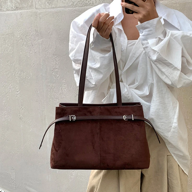 

Simple Large Capacity Suede Commute Bag For Women Luxury Design Matte PU Tote Bags French Casual Fashion Autumn Female Handbags