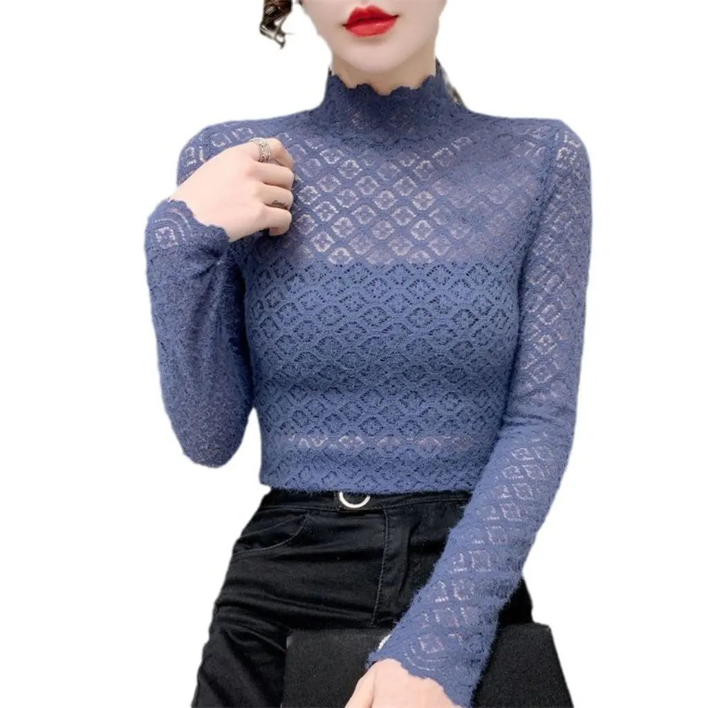

Women's Lace Base Shirt Half-High Collar Fleece-Lined Thickened Mid-Collar Mesh Top for Autumn And Winter