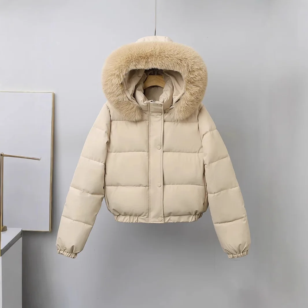 KIDCRKJ Winter Short Parkas Women's Cotton-padded Fleece Lining Thicken Warm Outerwear Fur Collar Removable Hooded Quilted Coat