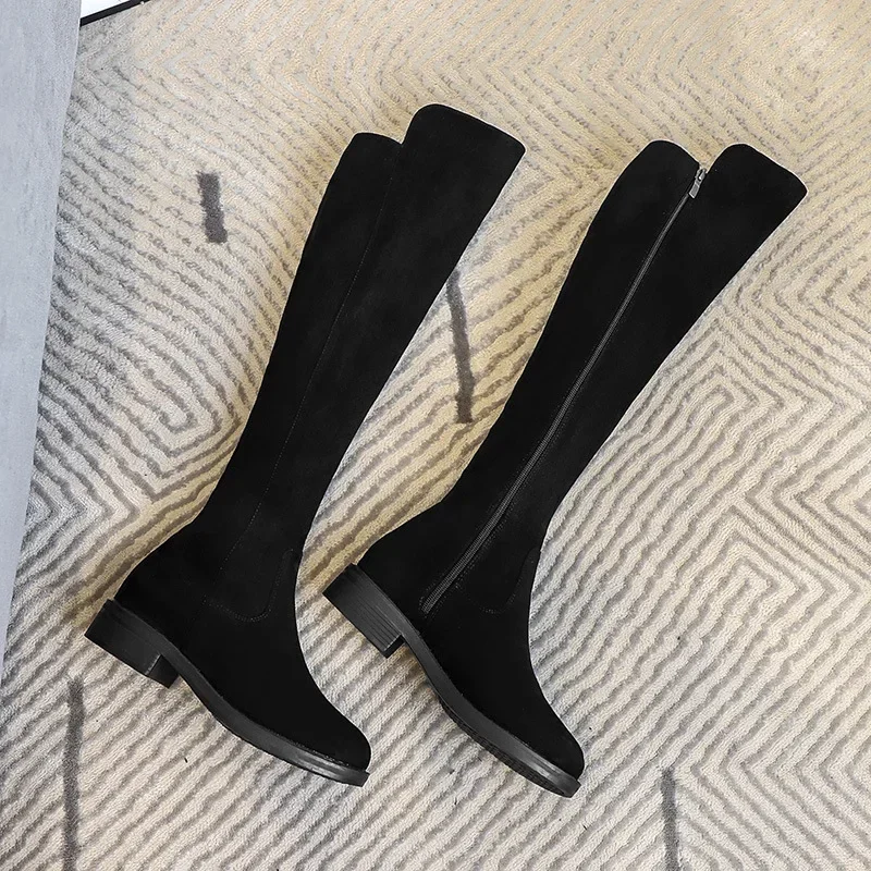 Women Over The Knee Boots Low Square Heels Slim Long Boots Black Lady Winter Shoes Big Size Vc4932