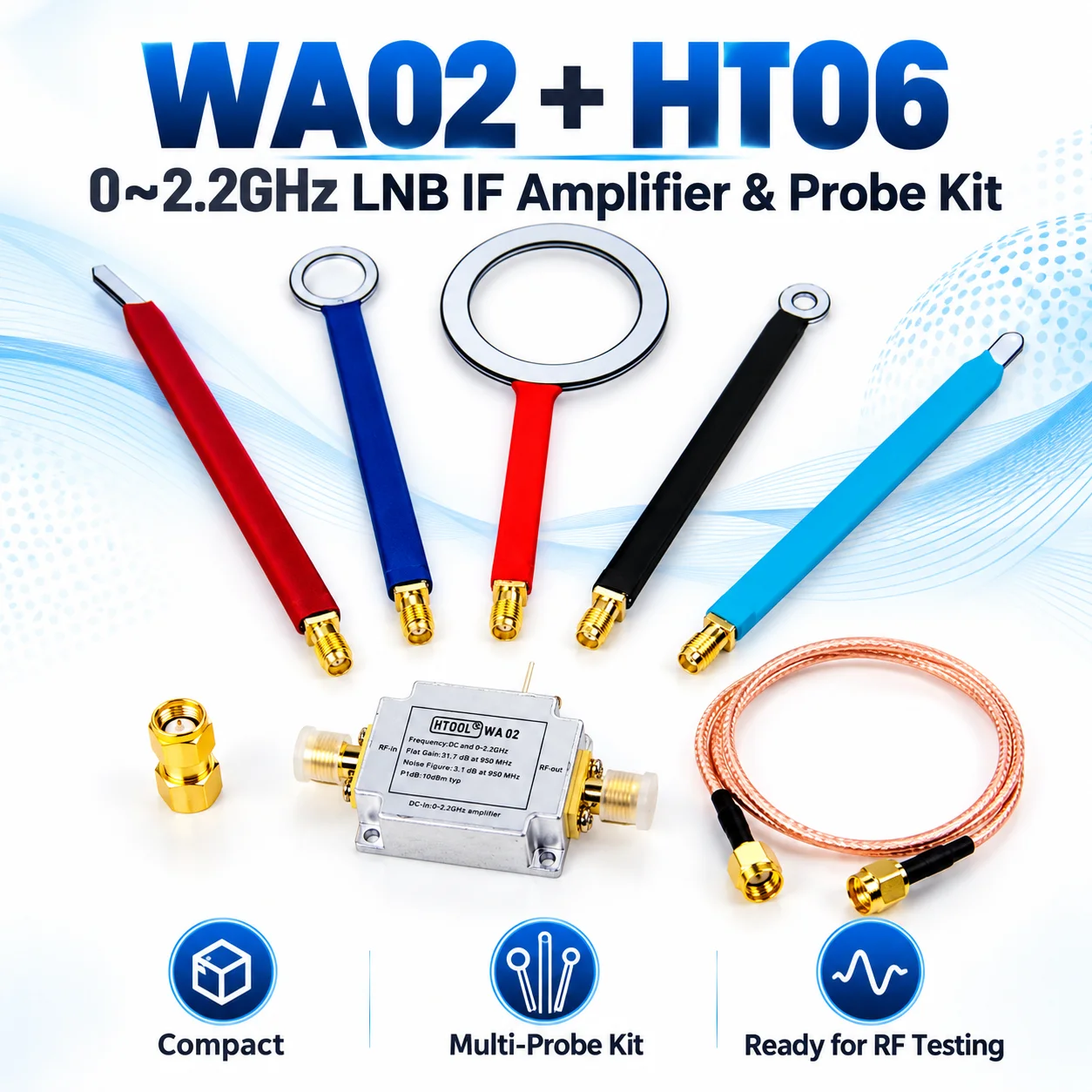 HTOOL WA02 Low Noise Broadband Amplifier 0-2.2GHz with HT06 Near-field probe 31.7dB Gain 50Ω Internal Matching LNB IF Amplifier