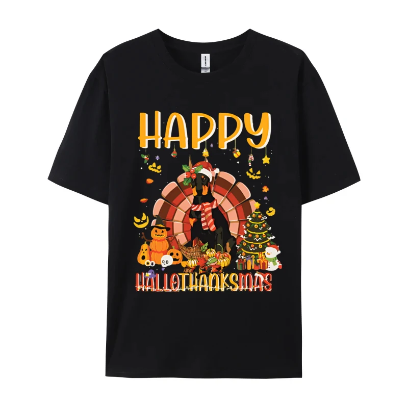 

Happy Hallow Thanksmas T-shirt Men T Shirt Doberman Dog Funny Top T-shirts for Men Streetwear Mens Cotton Clothes