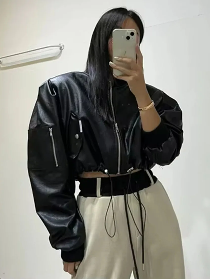 

Temperament Jackets Women's Clothes Stand Drawstring Y2k Crop Tops 2026 Fashion Vintage Leather PU Coat