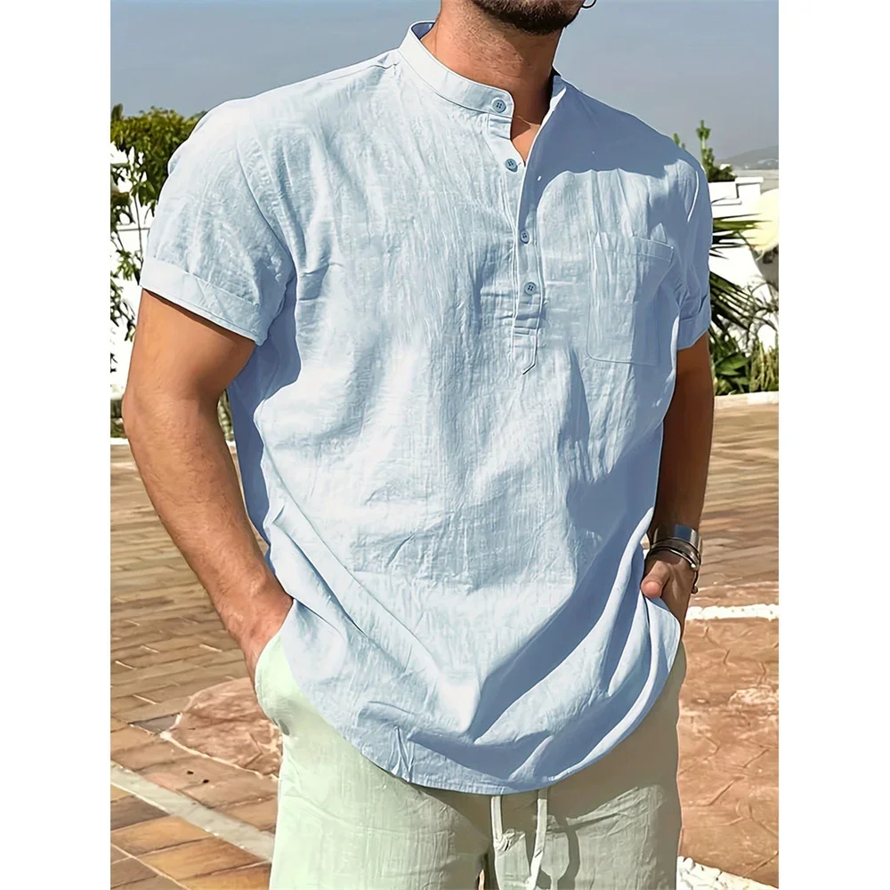 Summer Hot Sale Men's Cotton Linen T-shirt Henley Neck Casual Breathable Lightweight Solid Color Pocket Fashion Button Tops