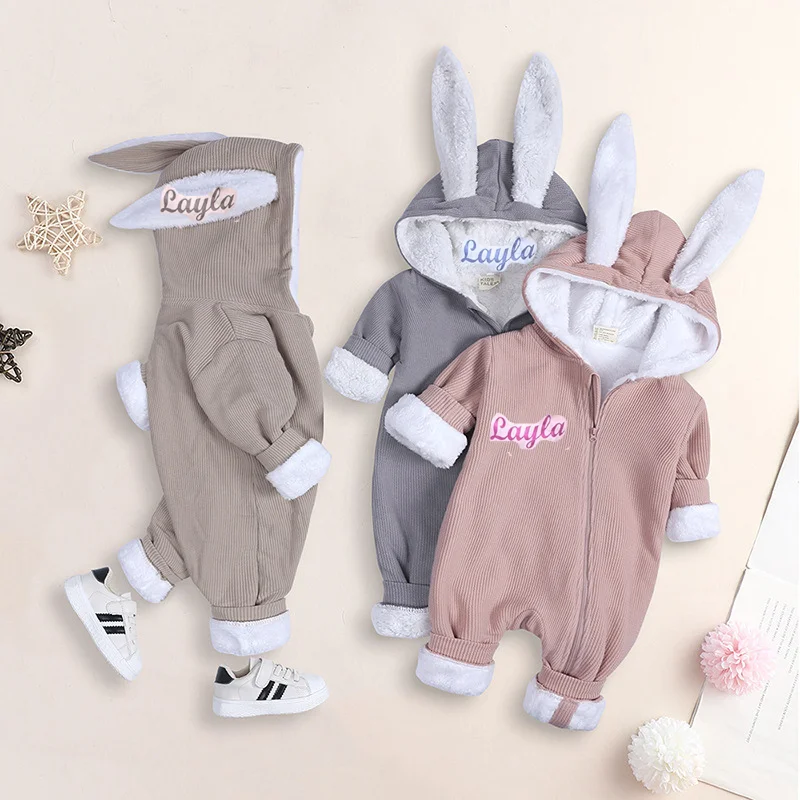 

Персонализированное имя на заказ, осенне-зимний комбинезон с кроличьими ушками, детский цельный комбинезон, флисовый костюм для скалолазания, подарки для мальчиков и девочек