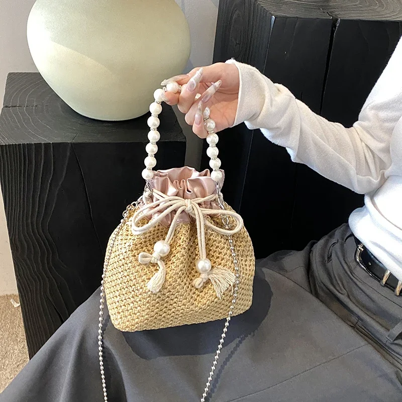 Casual Grass Woven Small Bag Advanced Feeling Pearl Handbag Drawstring Opening Versatile Fashion Good-looking Chain Shoulder Bag