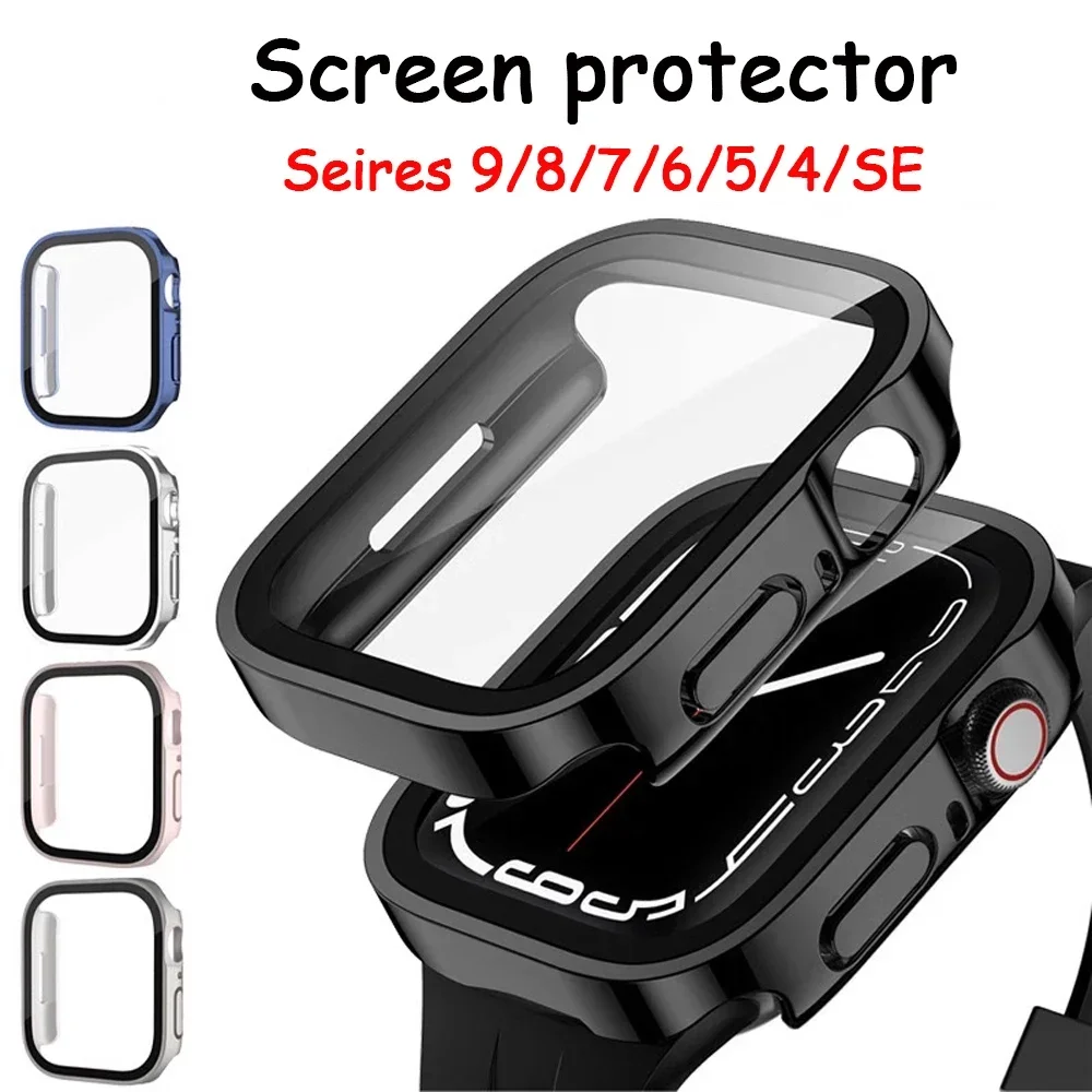 Glass+cover For Apple Watch case series 9 8 7 6 5 4 se 44mm 40m 41mm 45mm Straight Edge Screen Protector apple watch accessories