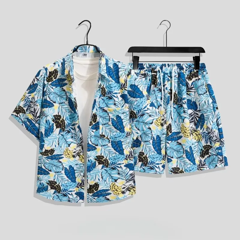 Men's Summer Beach Shirt Set Loose Plus Size Ice Silk Quick Drying Hawaiian Beach Vacation Printed Short Sleeve Shorts Set Men