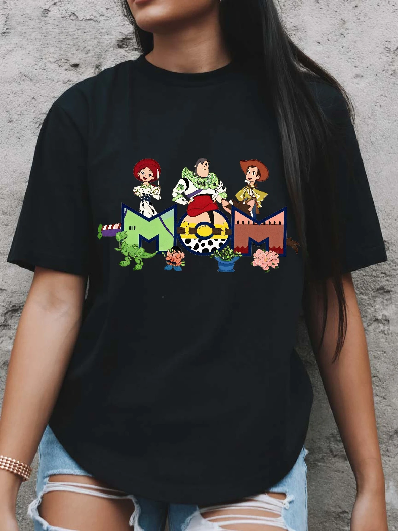 

Disney Women'S Loose Fit Round Neck Pure T-Shirt Featuring Toy Story Characters and MOM Print Comfortable and Breathable