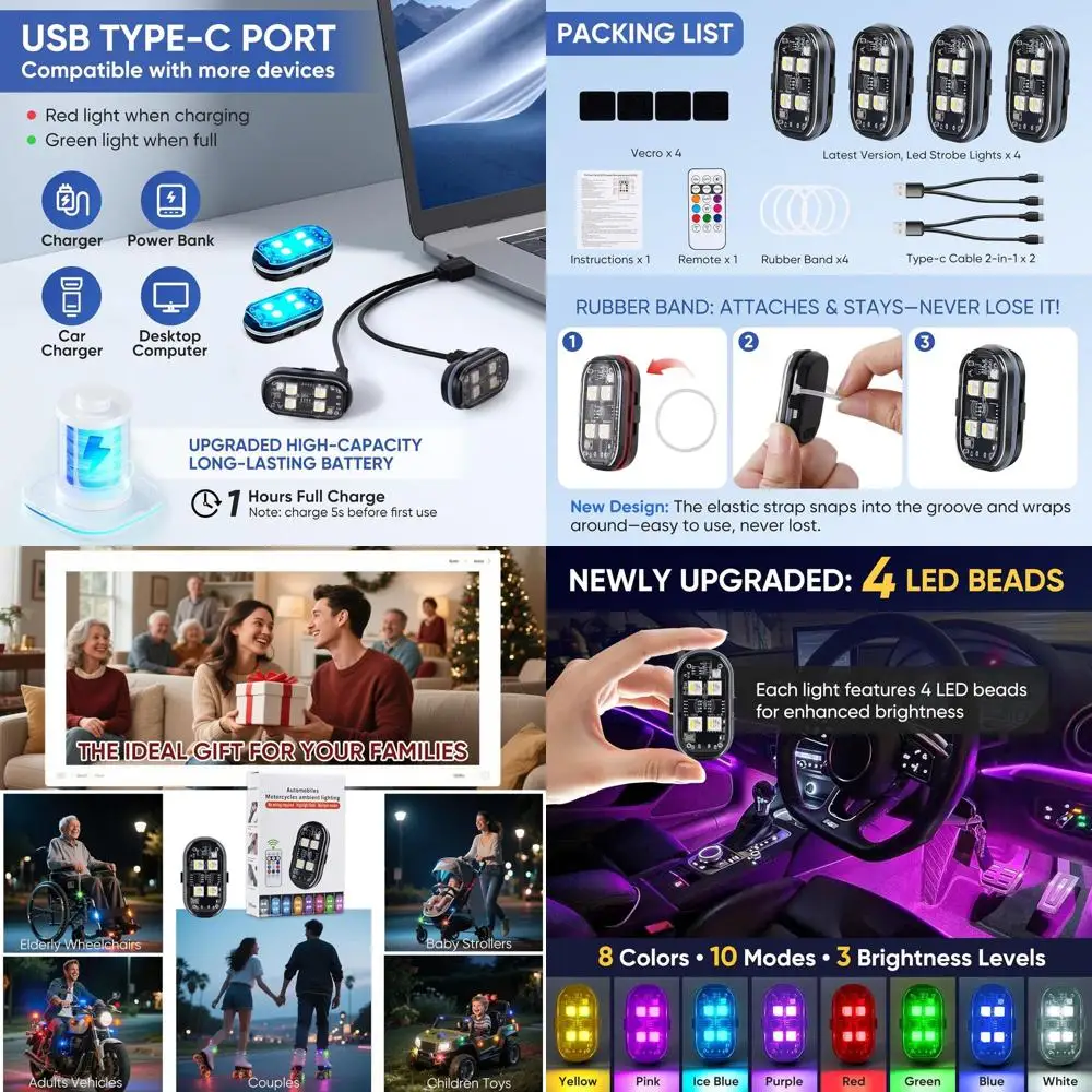 

Модернизированные 4 светодиода, 4 шт., беспроводные светодиодные стробоскопы с дистанционным управлением, 8 цветов, перезаряжаемые светодиодные фонари типа C, защита от столкновений Warni