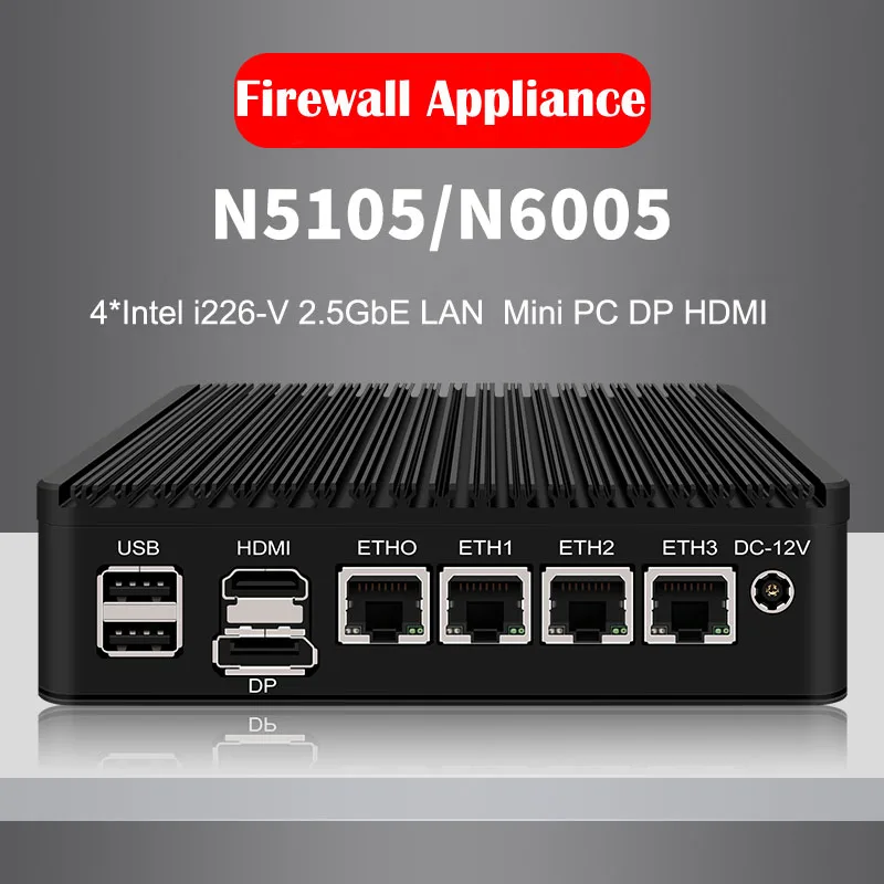 

Fanless Mini PC 4 Intel i226-V 2.5Gb LAN N6005 N5105 2*NVMe TPM2.0 Switch Soft Router VPN Server ESXI Rugged Firewall Appliance