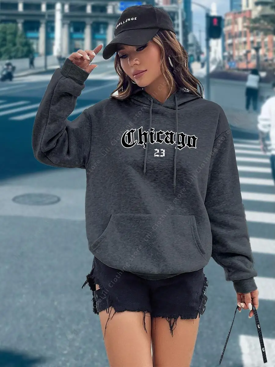 CHICAGO 23 Letter Hoodies Women's Hooded Sweatshirt Pullover Spring Autumn Top Aesthetic Y2K Street Sport Clothing Woman Hoody