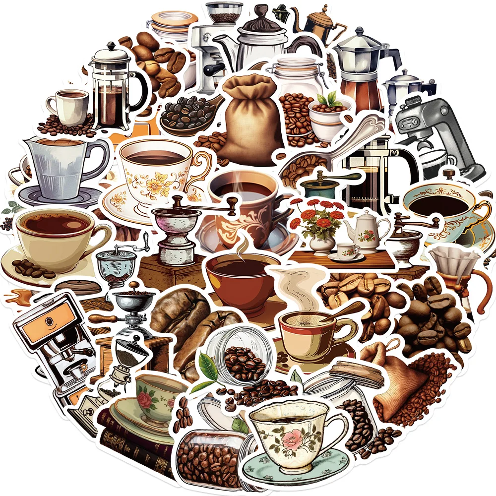 50Pcs Cartoon Coffee Machine Coffee Beans Stickers for Laptop Guitar Phone Bike Car Cup Luggage Waterproof Cute Sticker Pack