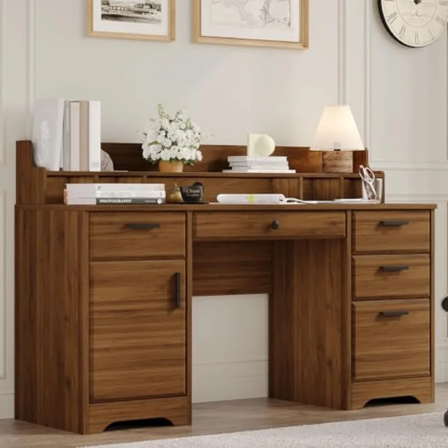 58 Inch Executive Desk with File Drawers and Built-in Storage Cabinet for Home Office Use Rustic Brown Computer Desk with Ample
