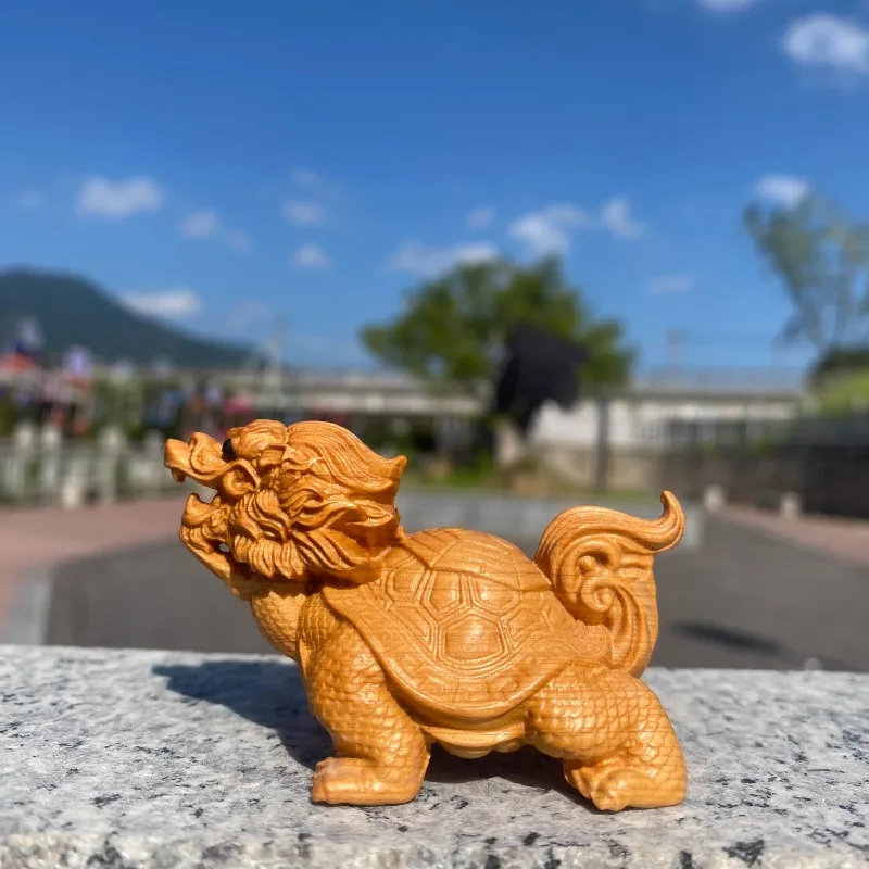 Hand-carved Wooden Dragon Turtle Statue, Auspicious Longevity Good Fortune Feng Shui Desk & Tea Pet Ornament