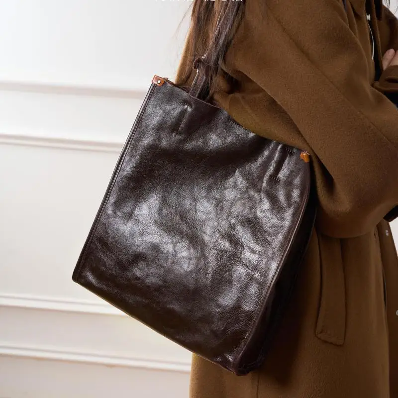 High Quality Vegetable Tanned Cowhide Square Tote Bag With High-end Feel, Personalized Single Shoulder Diagonal Cross Bag Trendy