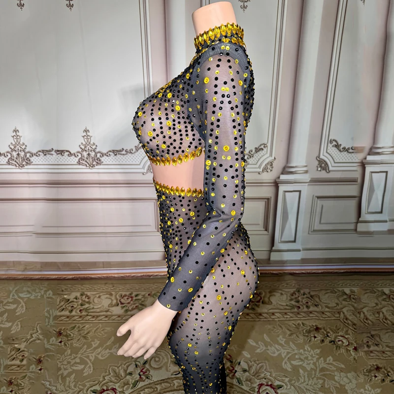 Black Gold Rhinestones Mesh Jumpsuit Women Party Gogo Dancer Costume Bar Nightclub Ds Dj Festival Outfit Stage Pole Wear XS9814