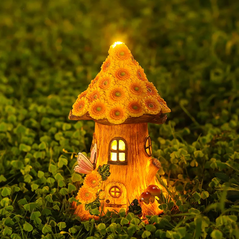 Casa en miniatura artesanal con energía Solar, luz Led, jardín, Hada, pasarela al aire libre, flor de sol, cabaña de resina, decoración de lámpara de Navidad