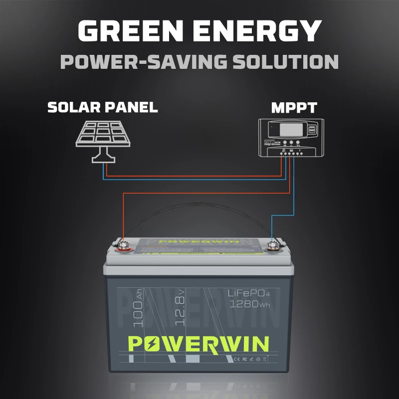 Imagem -04 - Powerwin Bt100 128 v 100 ah 1280 wh Grau a Sistema de Célula Off-grid Bms Integrado Lifepo4 Energia Solar 4000+ciclo Profundo