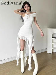 Sexy White Dress Muse Irregular Ruffle Edge Neck Tube Top Dress Women's Versatile Slim Skirt