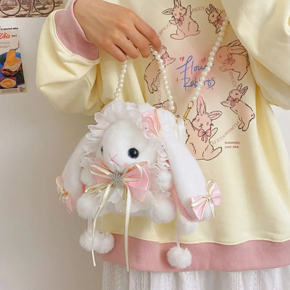 Animali di peluche Borse a tracolla con coniglio Lolita Borsa a tracolla con coniglio in peluche dolce e morbido Catena di perle Borse piccole con orecchie di coniglio