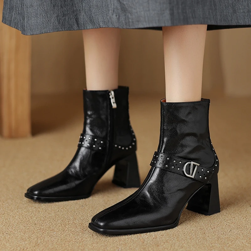 NEW Autumn Women Boots Genuine Sheep Leather Shoes for Women Square Toe Chunky Heel Shoes Zipper Short Boots Rivet Modern Boots