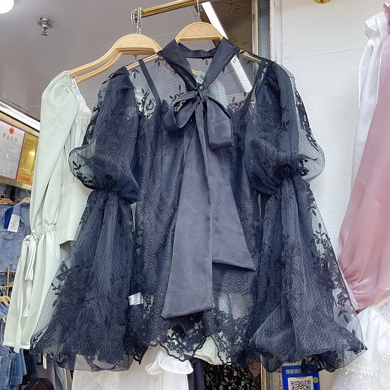 Korean Style 2023 Spring New Fashion Sweet Bow Self-Tie Lace Mesh Bubble Blouses Women's Trend Lantern Sleeve Lace Shirt Top