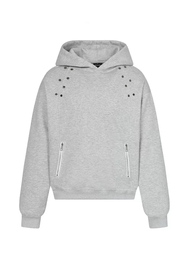 

Retro Street Fashionable Rivet Zipper Design Hooded Sweatshirt For Man In Spring New Style Lazy Casual Loose Hoodies