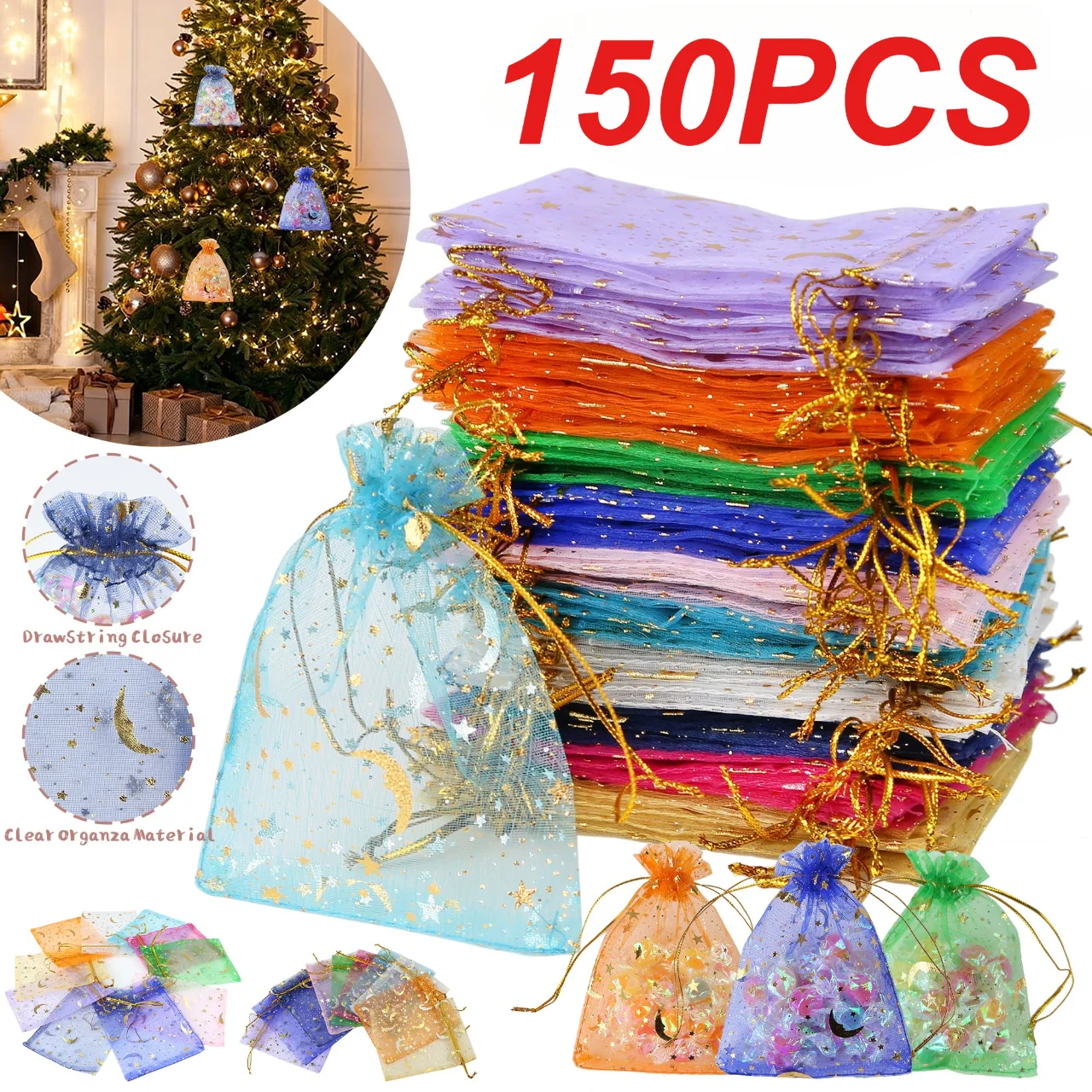 150 sacs en organza à cordon avec motifs lune et étoiles, pochettes cadeaux pour bijoux, pochettes en organza à étoiles dorées pour Noël et mariage