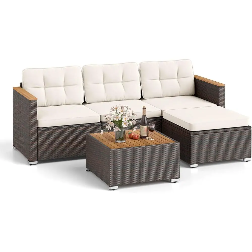 

5 Piece Outdoor Patio Furniture Set, L Shaped Rattan Cushioned Chairs & Coffee Table Set, Outdoor Sectional Sofa with Wood Armre