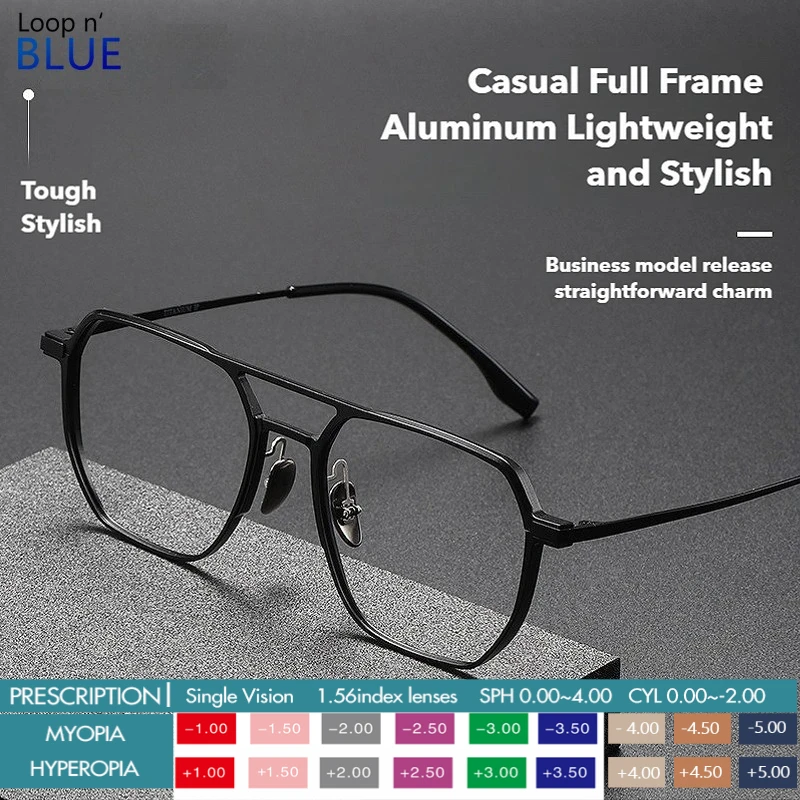 LOOPNBLUE Aluminum Frame TitaniuLarge Frame m Business Glasses Men Ladies Customizable Prescription  Anti-Blue Light Reading