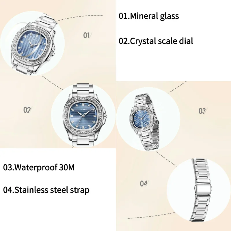 Quartz Watch for Women, Nautilus Series, 30.5mm Dial with Crystal Scale and Outer Ring Luminous Hands Stainless Steel Strap 3ATM