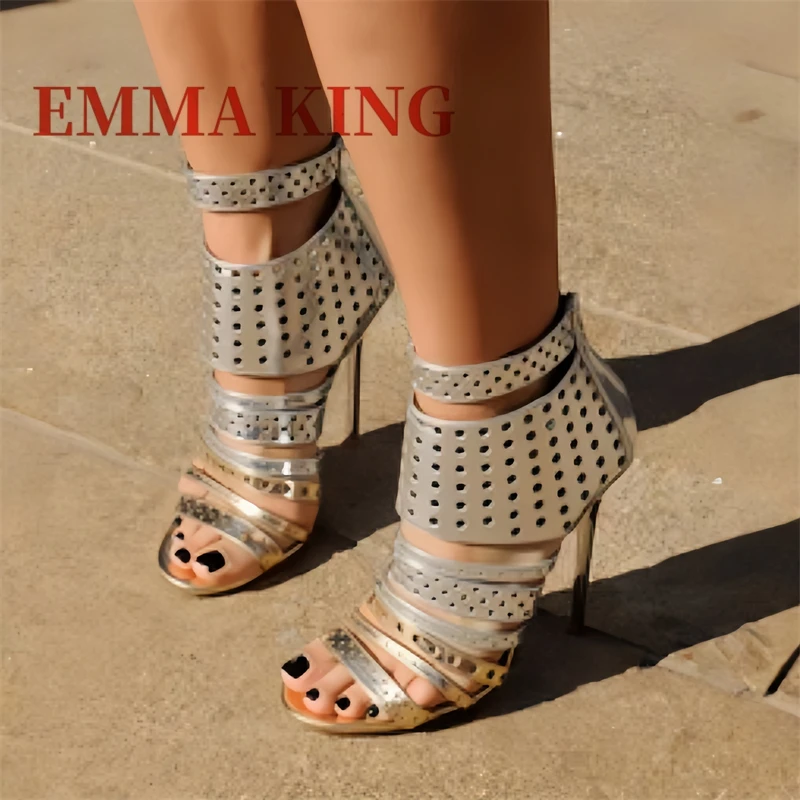 

Silve Hollow Mid-Calf Sandal Boots Open Toe Stiletto Back Zipper High Heels Sexy Party Plus Size Dress Women'S Sandals Summer 44