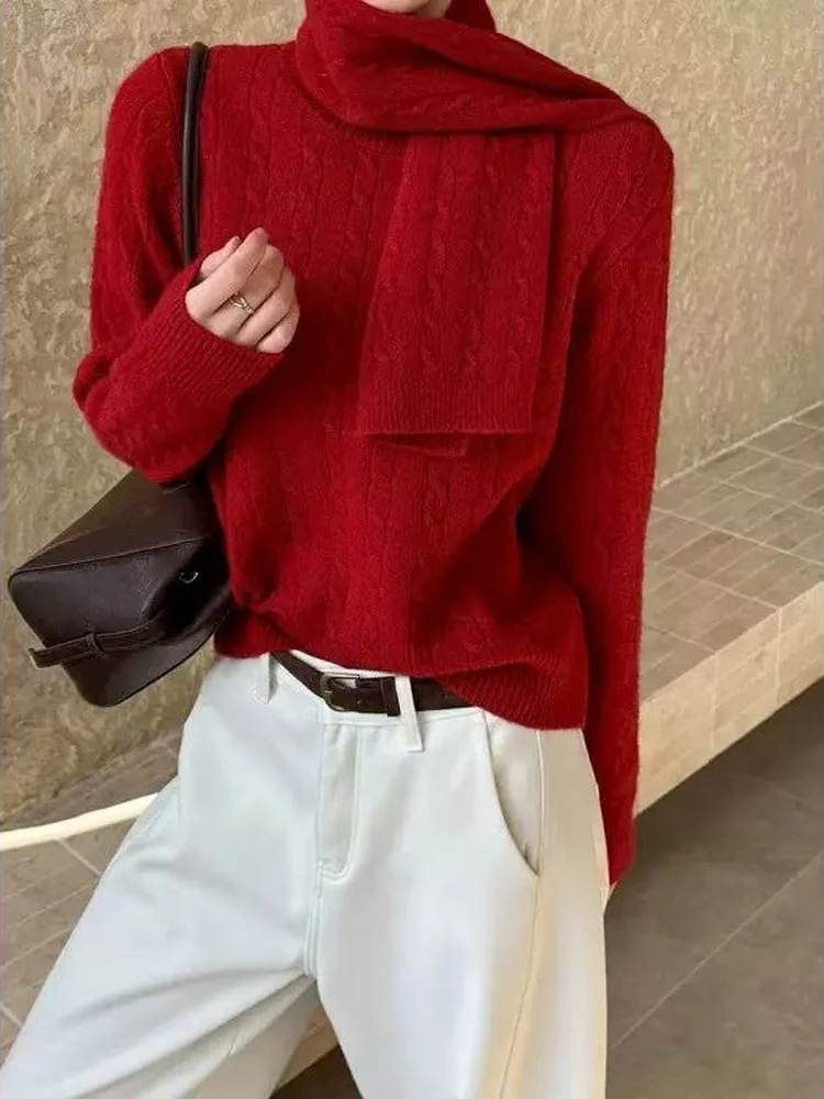 

LZoo Vintage round Ne Pullover Loose Twist Knitted Sweater with Scarf Women's Soft Polyester Long Sve Warm Winter Top