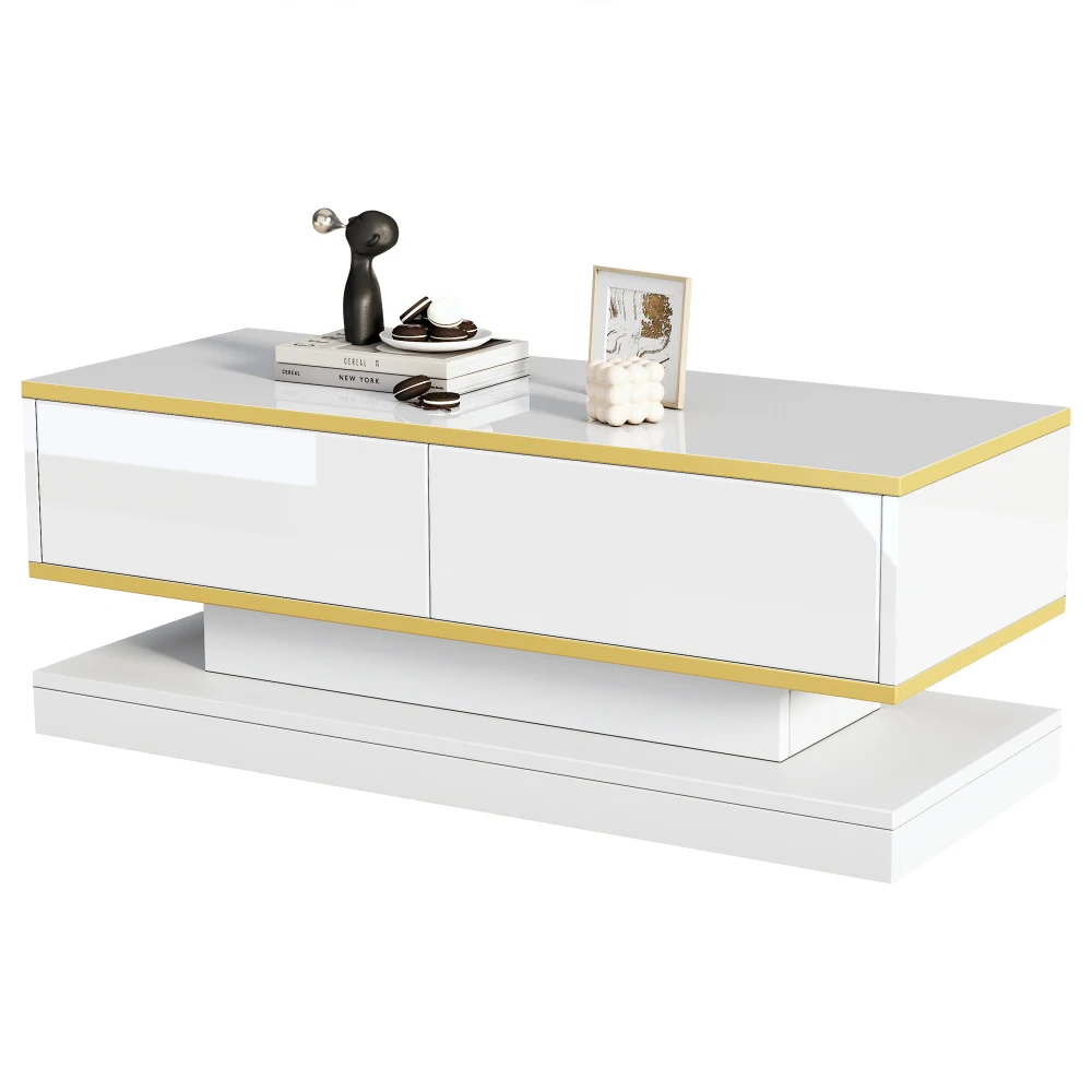 Moderner TV-Ständer mit 3 Schubladen, warmweißes Lowboard, goldener Rand, Wohnzimmer-Aufbewahrungsschrank – Detail 27