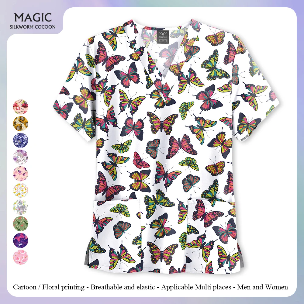 New Cartoon Butterfly Print Nurse Medical Uniforms V-Neck Short Sleeve Pockets Workwear Tops Scrubs Uniforms Medical Accessories