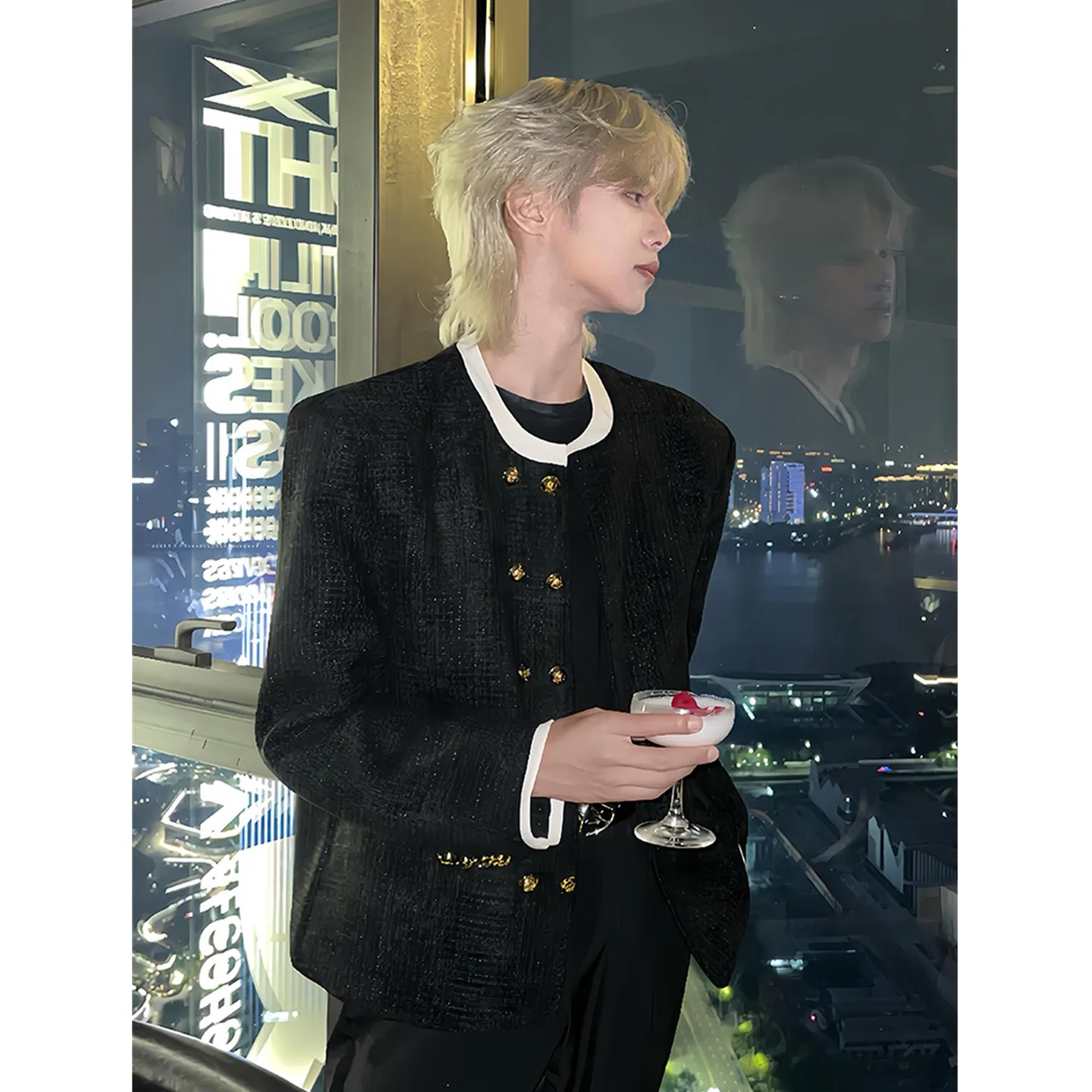 

Bla Tweed Men's Jaet Autumn Double Row Buttons Splicing High-End Feeling Haome Top Youth Casual Faion Polyester Fiber