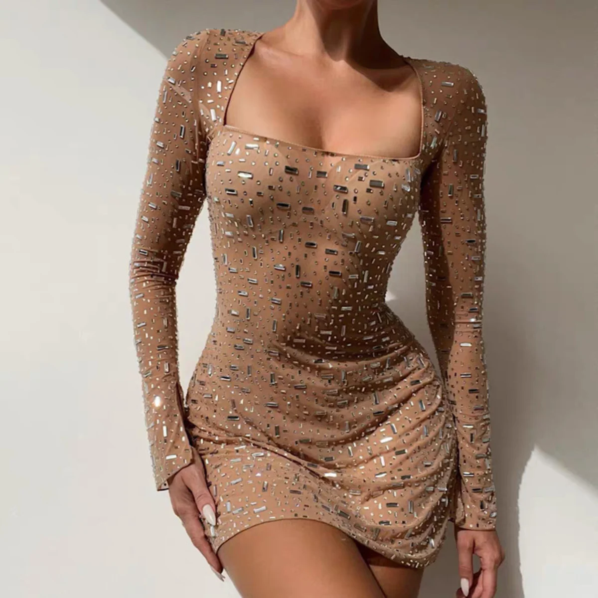 

French Rhinestone Luxury Dress Women's Sexy Square Collar Long Sleeves Dresses Fashion Cocktail Party Slim Outfit Evening Gowns