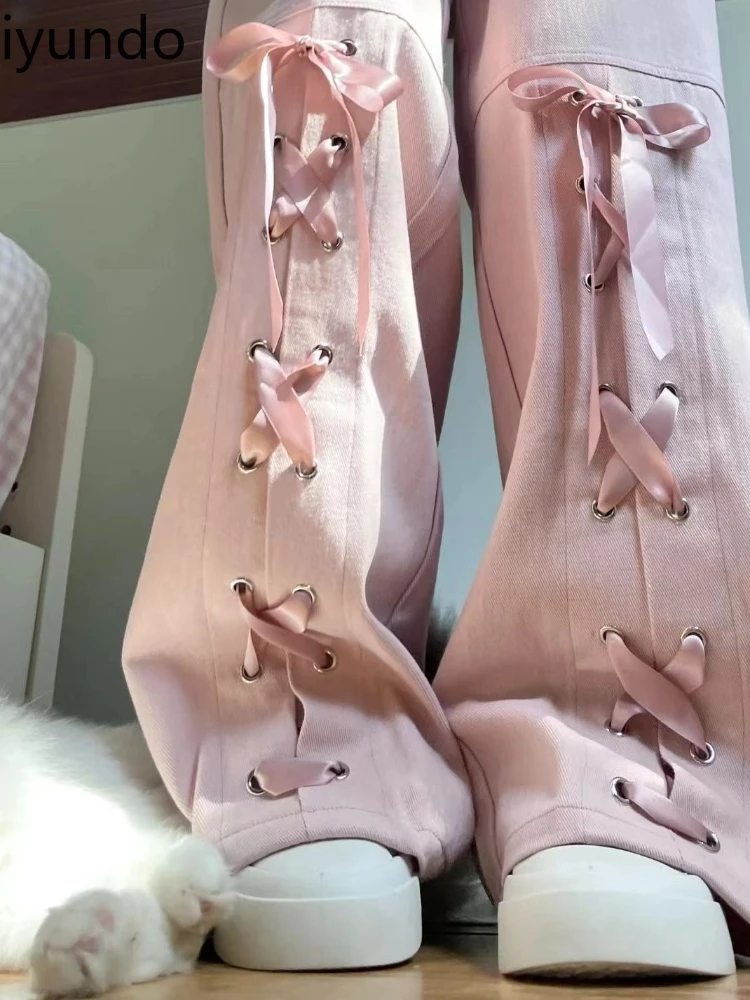 

Pink Dopamine Bow Tie Casual Jeans for Women Summer New High Waist Loose Slim Wide Leg Trousers Wide Leg Pants Women