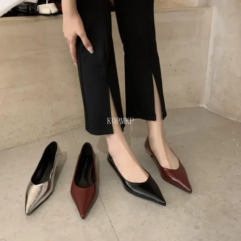 2024 New Women\'s Boat Shoes Pointed Toe Pumps Kitten Heel Dress Shoes Silver Office Work Shoes for Female Black Spring Autumn