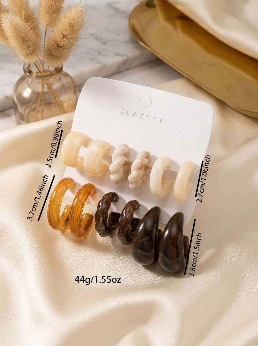 Retro Fall Winter Statement Hoop Earrings Set, Tortoise Shell Amber Marble Resin Twisted Chunky C Hoop Earrings Multipack for Wo