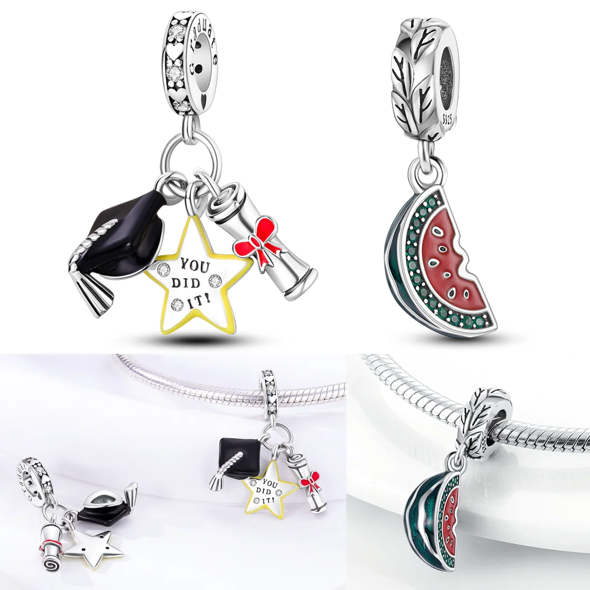 925 Sterling Silver Graduate Hat Star Charms Bead CZ Zircon Watermelon Dangle Fit Original Bracelet DIY Women Jewelry Gift